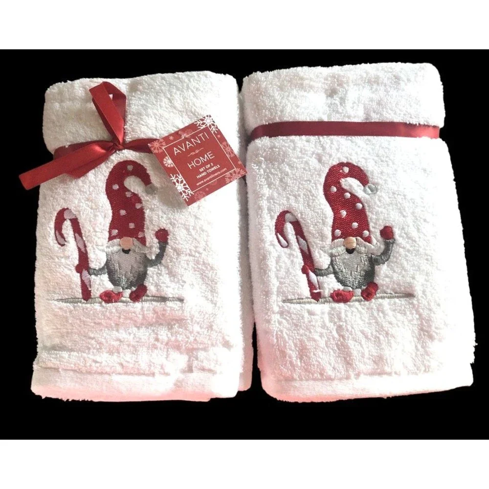 Avanti Christmas Gnome Hand Towels Set of 2 Embroidered Candy Cane Bathroom